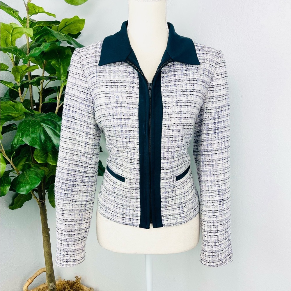 Pendelton Tweed Purple Blue Woven Zip Front Blazer Petite Medium